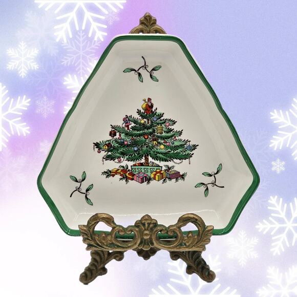 Charming Vintage Spode Christmas Tree Triangular Candy Dish Holiday Serving Dish - Picture 1 of 8